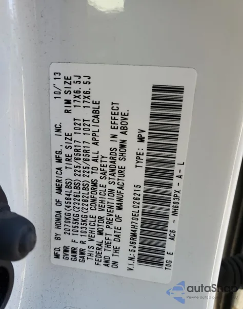 2014 Honda Cr-V Exl из США, поврежденный, VIN 5J6RM4H70EL026215